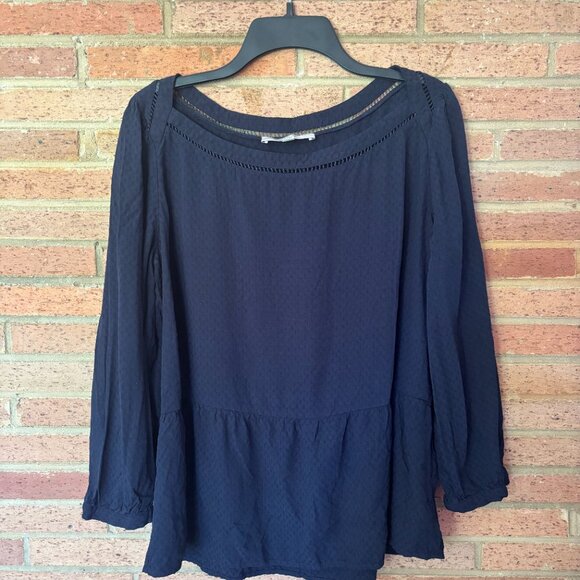 LOFT Blouse Large Navy Blue Jacquard Cutout Top Rayon L Causal - Picture 1 of 5